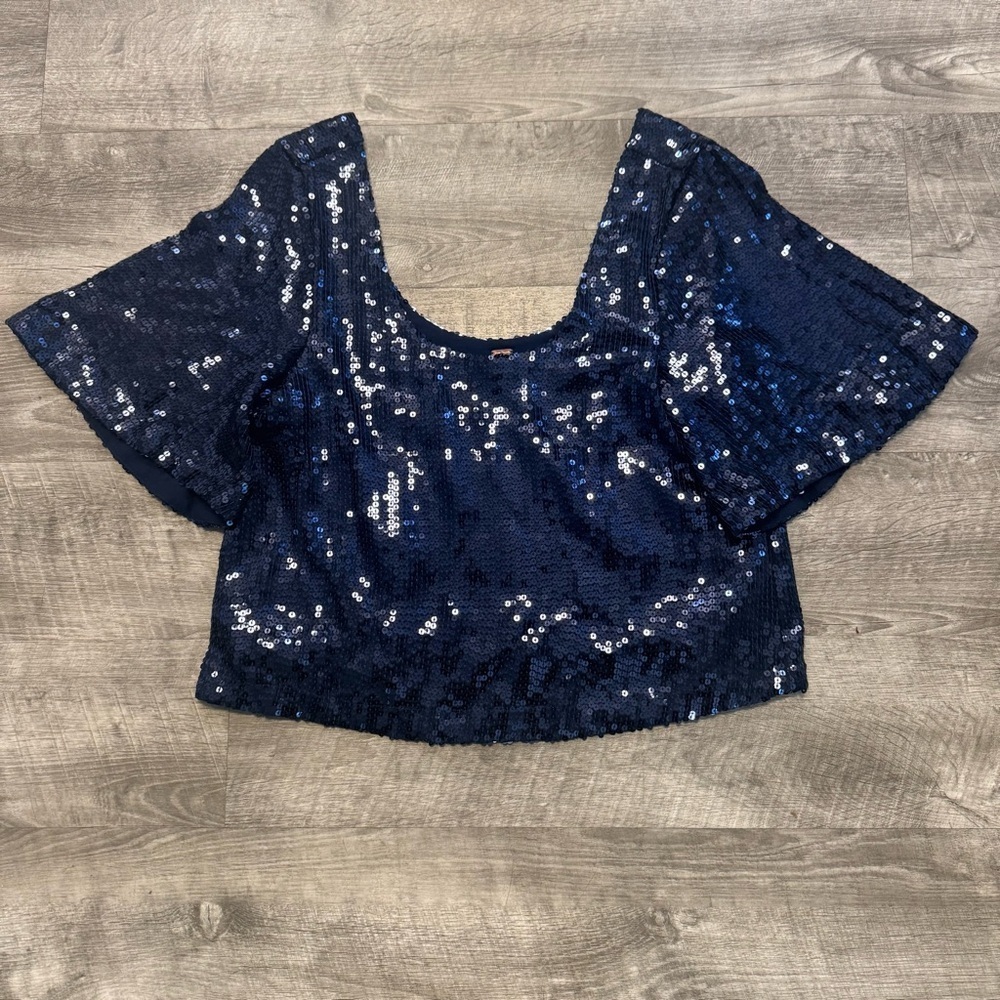 NWT Free People Navy Blue Sequin Night Fever Cropped Short Sleeve Batwing Sz. XS